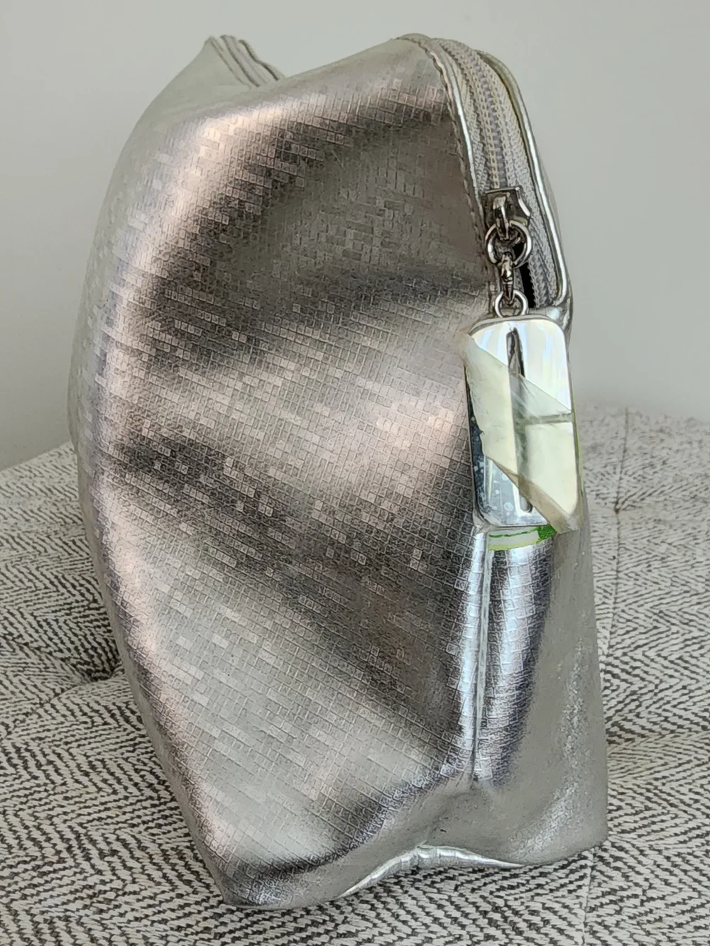 NWT Clinique Silver Metallic Large Cosmetic Pouch with Green Geometric Accent
